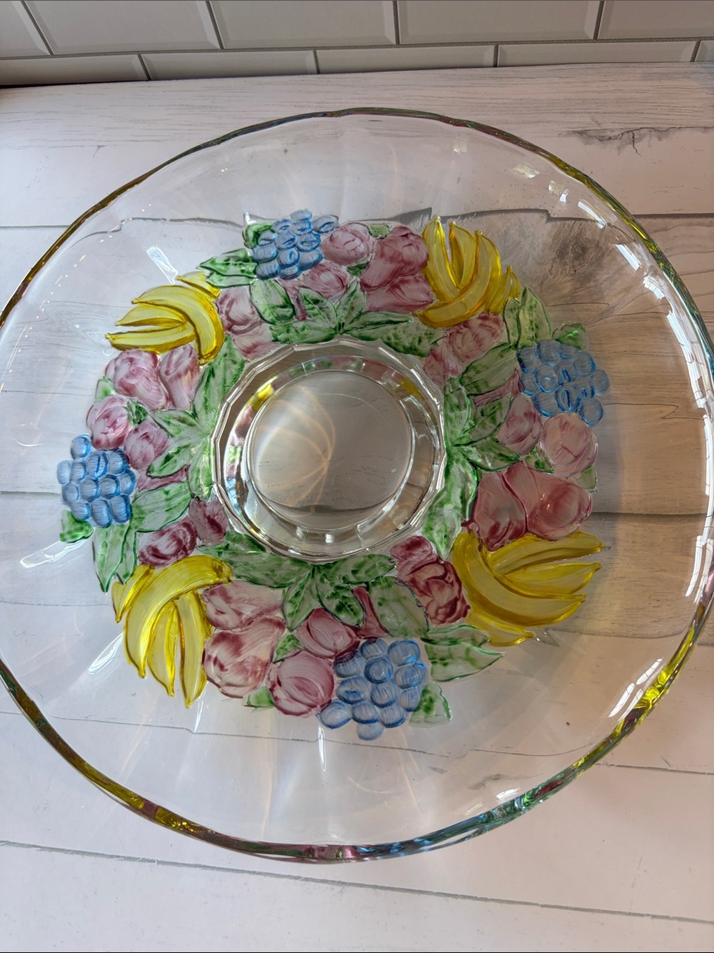 Hand-Painted Glass Serving Bowl with Floral Fruit Motif